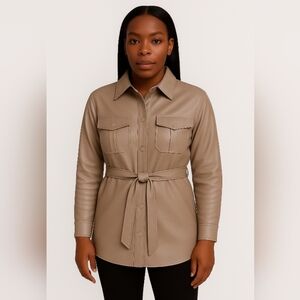NVLT Women Taupe Vegan Leather Chest Pocket Snapped Belted Shacket Size …